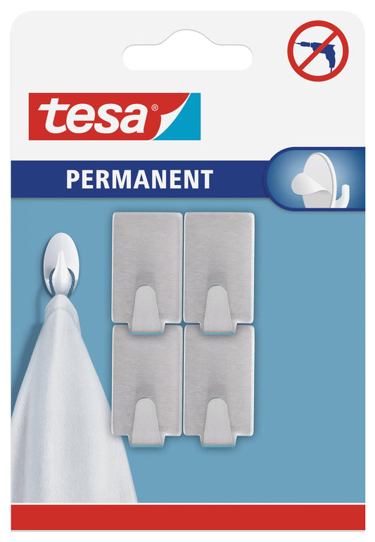 TESA Permanent Hooks Rectangular Small Metal 3 Hooks Stainless Steel
