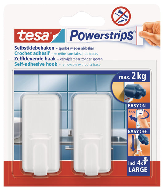 TESA Powerstrips Hooks Large Rectangular Classic 2 Hooks/4 Strips White