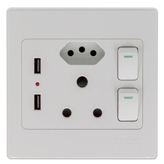 UNITED ELECTRICAL Double Wall Switch Socket With Euro + 2 USB Ports 4x4 - Premium Switches from United Electrical - Just R 126! Shop now at Securadeal