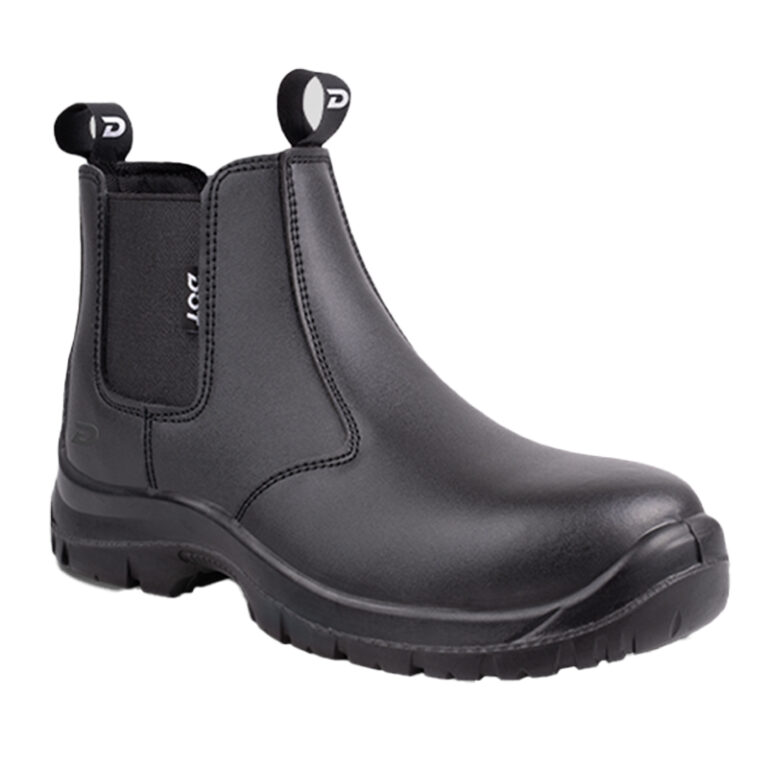 Black Chelsea-style ankle boot with elastic side panels, pull tabs, and rugged tread sole.