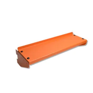Orange metal loading ramp with side lips and mounting holes on a white background.