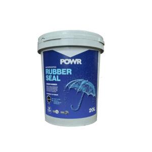Container of POWR Rubber Seal waterproofing liquid, a 20-liter bucket with a blue label and umbrella graphic for weatherproofing surfaces.