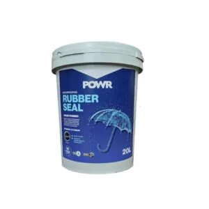 Container of POWR Rubber Seal waterproofing liquid, a 20-liter bucket with a blue label and umbrella graphic for weatherproofing surfaces.