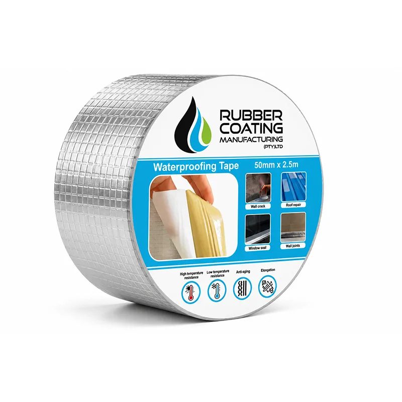 Roll of Waterproofing Tape from Rubber Coating Manufacturing Showing the Blue Product Label with Usage Icons 50mm X 25m