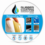 17e8423b-931e-4411-8b14-c010140a7f7d | Securadeal Circular Product Label for Rubber Coating Waterproofing Tape 100mm X 25m with Images of Wall Crack Roof Repair Window Seal and Joints and Brand Logo