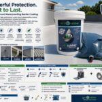 1ed2fe1f-9187-4b01-ad8d-1e74e569bd73-md | Securadeal Promotional Image of Eco Rubber Waterproofing Kit on a Roof Deck a Large White Tub Labeled eco Rubber a Bundled Blue Tarp Bag Brush and Roller with Brand Text powerful Protection Built to Last and a 15 year Performance Shield Badge