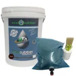 White Ecorubber Diy Kit Bucket with Blue Label Beside a Blue Bag of Sealant and a Brush on a Small Roller for Application