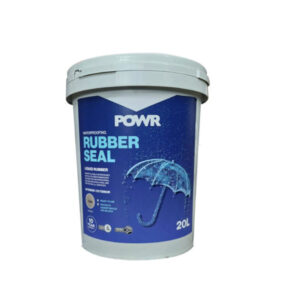 20L bucket of POWR Rubber Seal waterproofing liquid rubber with blue label and umbrella graphic