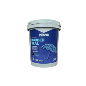 20L white bucket labeled POWR Rubber Seal waterproofing liquid rubber with umbrella graphic on blue label