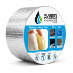 3adf8b7f-c919-47b3-aab9-972c8bcd9466 | Securadeal Rolled Waterproofing Tape Product Labeled waterproofing Tape by Rubber Coating Manufacturing Showing Dimensions 75mm X 25m on a Blue and White Label with Usage Pictures Nearby