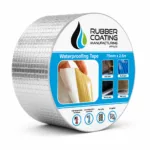 3adf8b7f-c919-47b3-aab9-972c8bcd9466 | Securadeal Rolled Waterproofing Tape Product Labeled waterproofing Tape by Rubber Coating Manufacturing Showing Dimensions 75mm X 25m on a Blue and White Label with Usage Pictures Nearby
