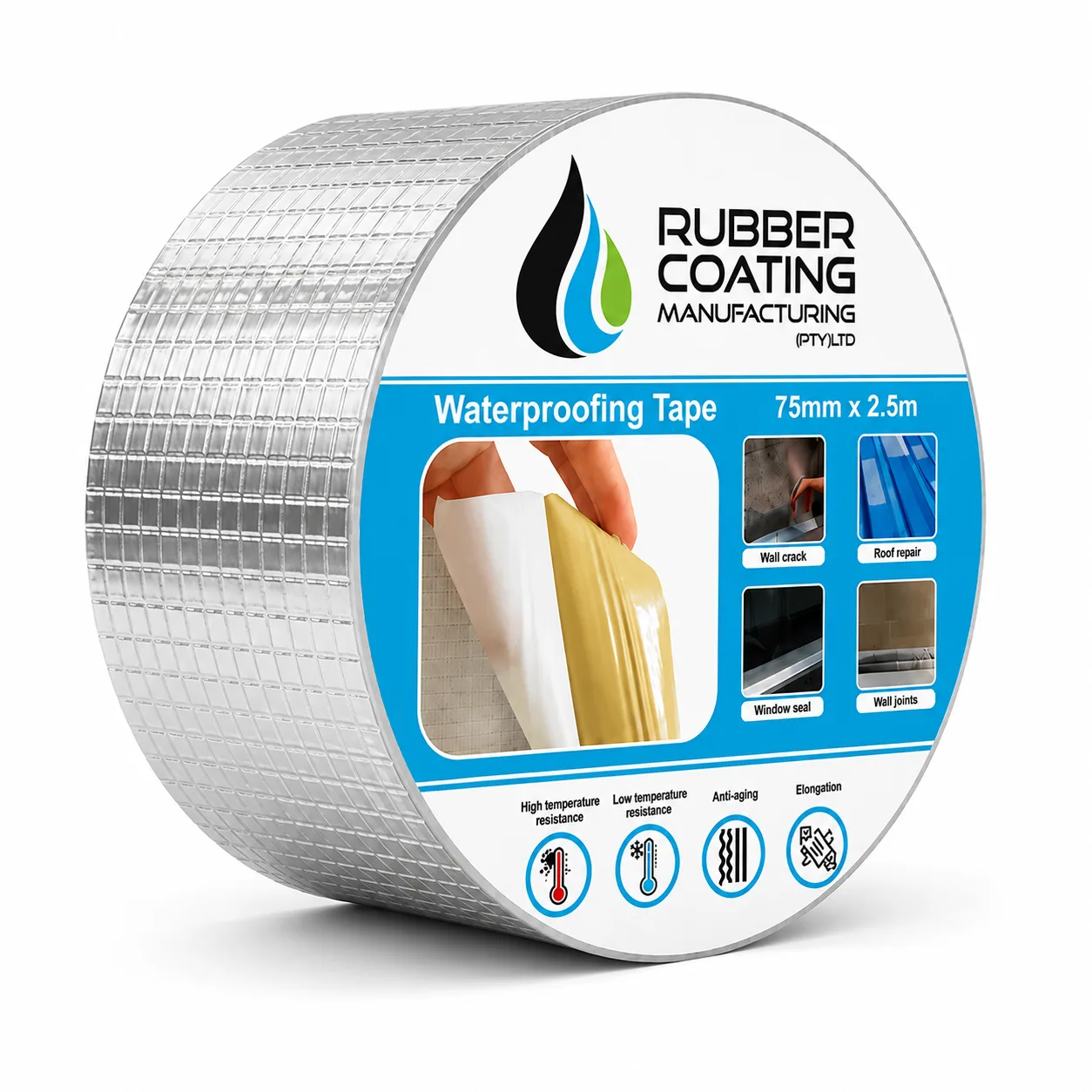 Rolled Waterproofing Tape Product Labeled waterproofing Tape by Rubber Coating Manufacturing Showing Dimensions 75mm X 25m on a Blue and White Label with Usage Pictures Nearby