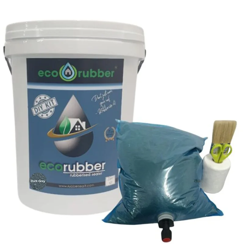 Ecorubber Diy Kit White Bucket with Blue Label a Bag of Sealant a Roller and a Brush on the Side