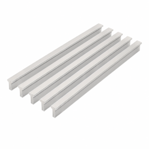 Five silver aluminum U-channel rails laid parallel to each other in a row of identical length.