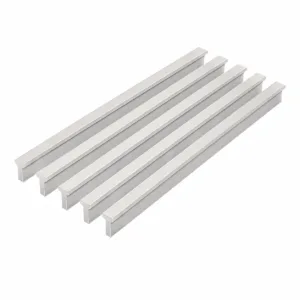 Five silver aluminum U-channel rails laid parallel to each other in a row of identical length.