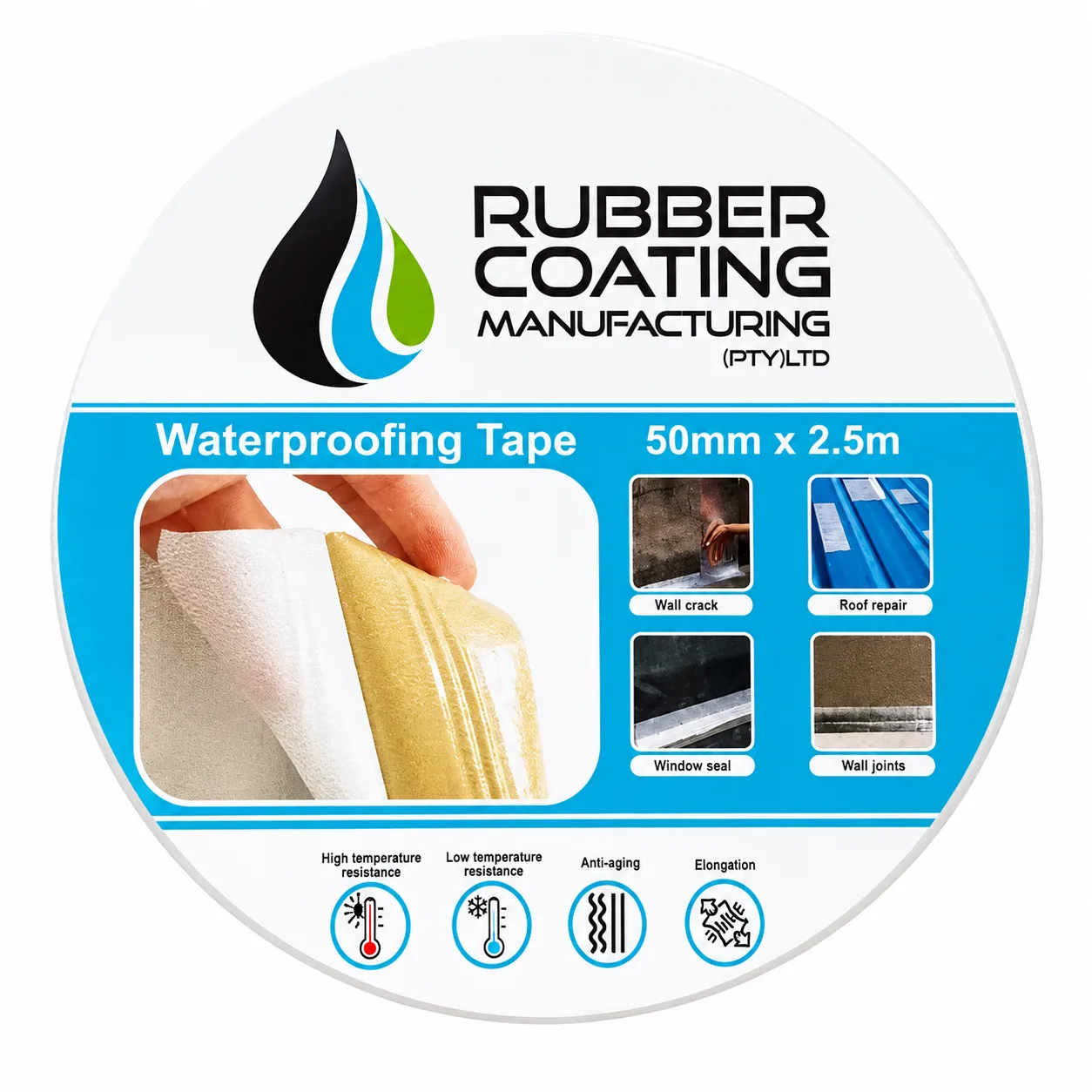 Circular Label for Rubber Coating Manufacturing Waterproofing Tape 50mm X 25m with Sample Applications Wall Crack Roof Repair Window Seal and Wall Joints