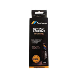 GenKem contact adhesive packaging (black box) with tube visible, 50 mL, professional grade image-based product packaging.
