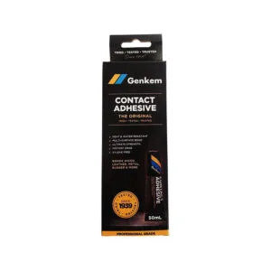 GenKem contact adhesive packaging (black box) with tube visible, 50 mL, professional grade image-based product packaging.