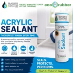 Acrylic Sealants | Securadeal Advert for Acrylic Sealant Bold Text acrylic Sealant with Product Tube on Right and Blue Branding Promo Messages About Finish and Durability