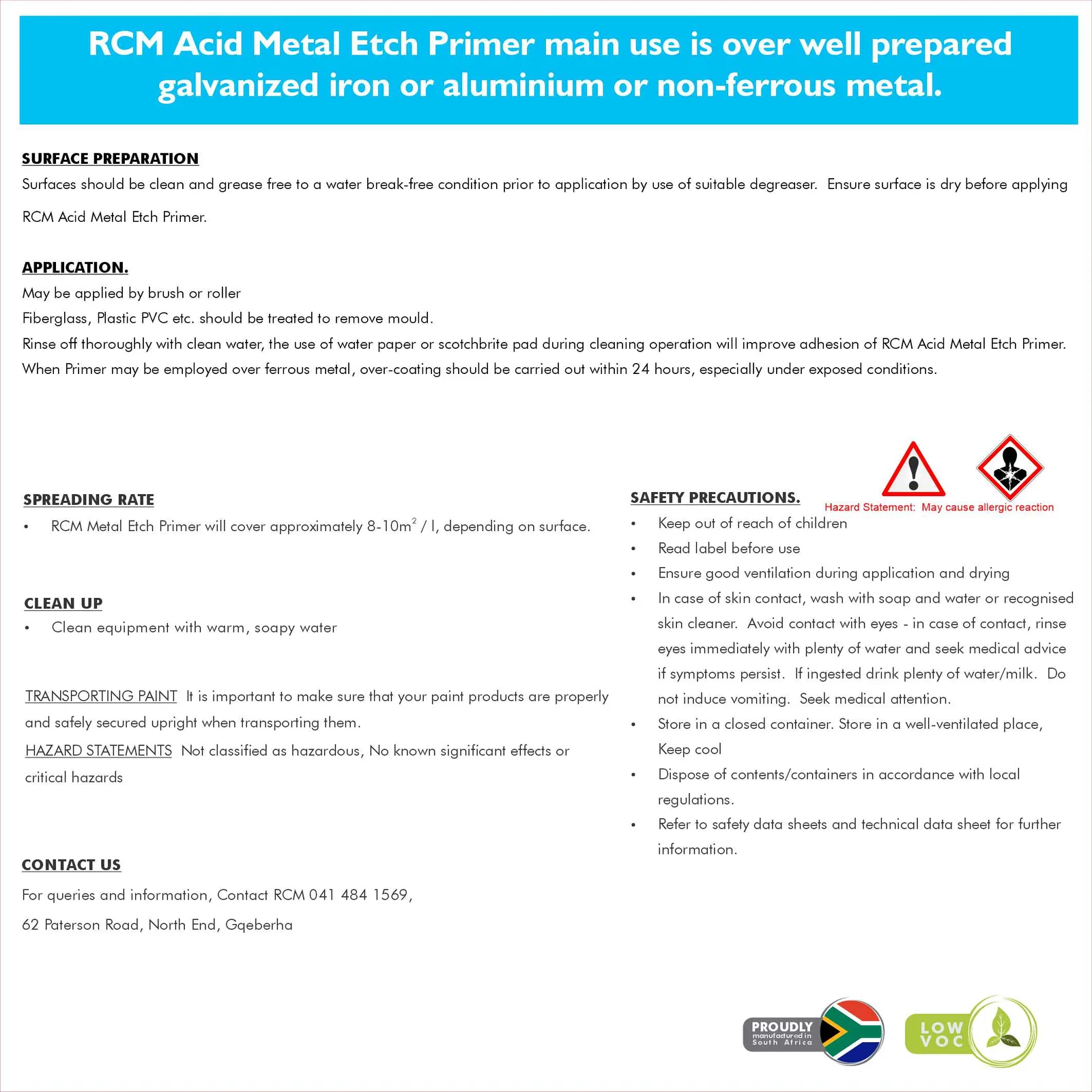 RCMAcidMetalETCHPrimer5LBackDescription_1 | Securadeal Rcm Acid Metal Etch Primer Premium Hardware from Rubber Coating Manufacturing Just R 163 Shop Now at Securadeal
