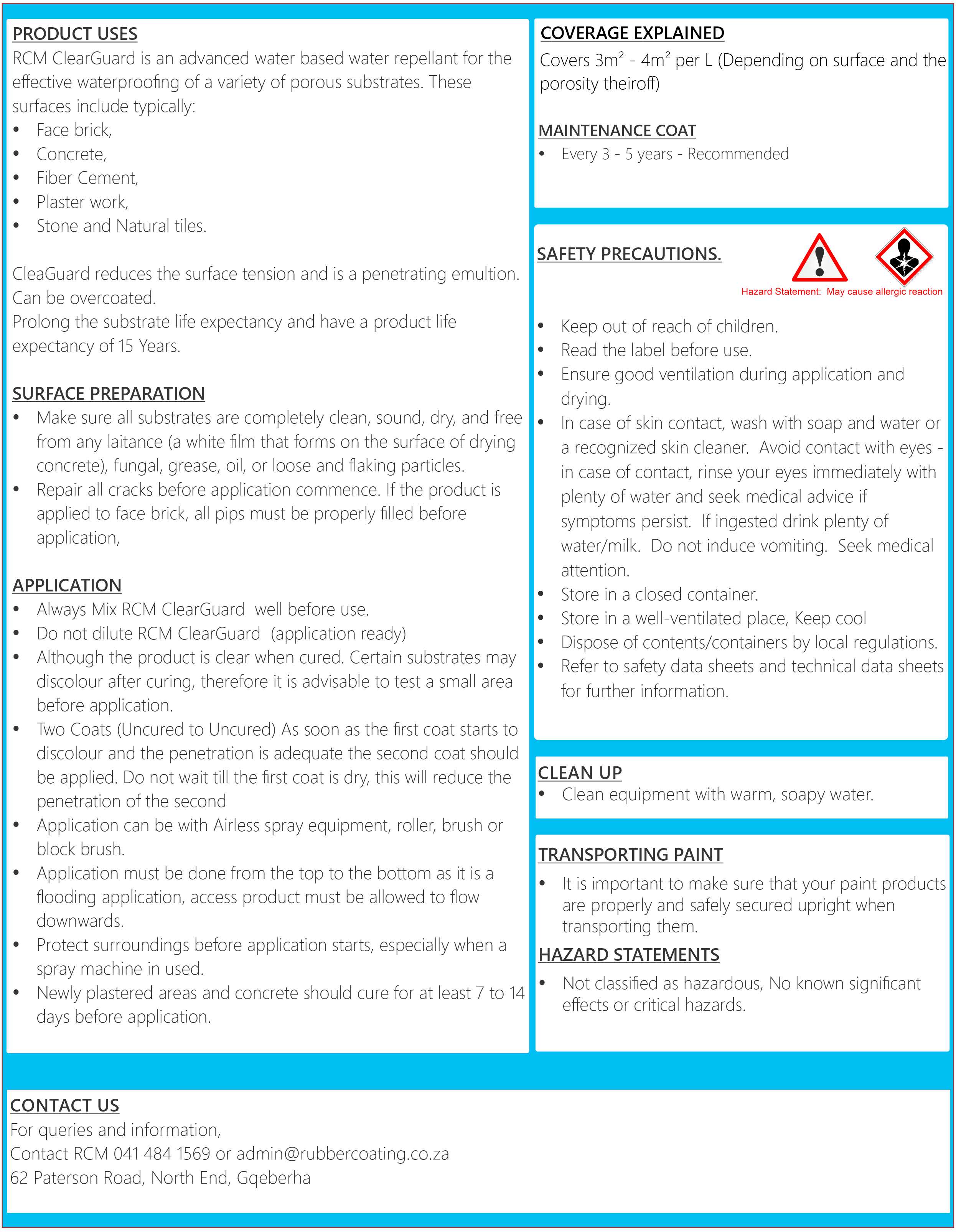 RCMClearGuard20LBackDescription-1 | Securadeal RCM Clear Guard Water Repellent Waterproofing Solution - Premium Hardware from Rubber Coating Manufacturing - Just R 550! Shop now at Securadeal