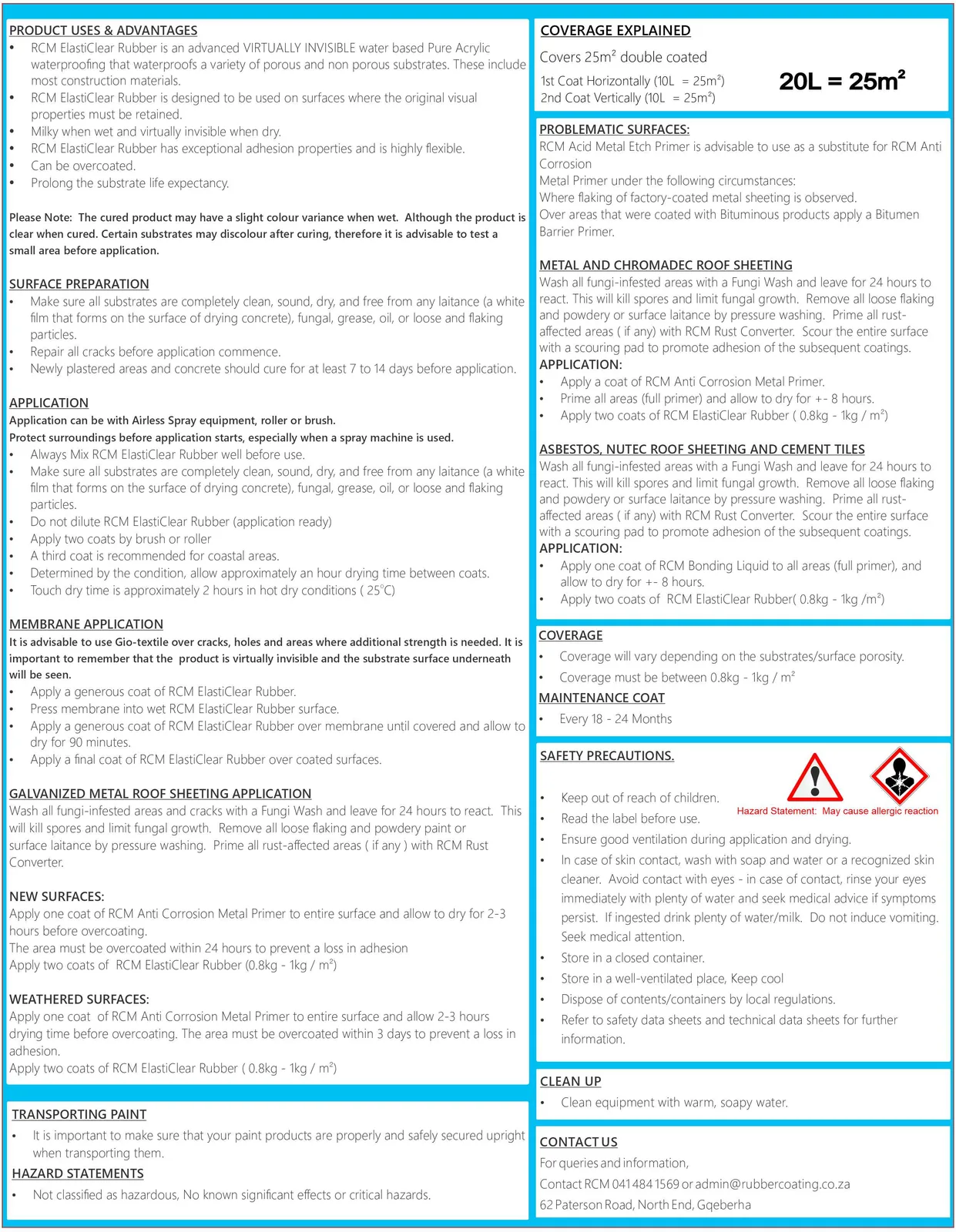 RCMElastiClear20LBackDescription-1 | Securadeal Rcm Elasticlear Waterproofing Coating Premium Hardware from Rubber Coating Manufacturing Just R 625 Shop Now at Securadeal