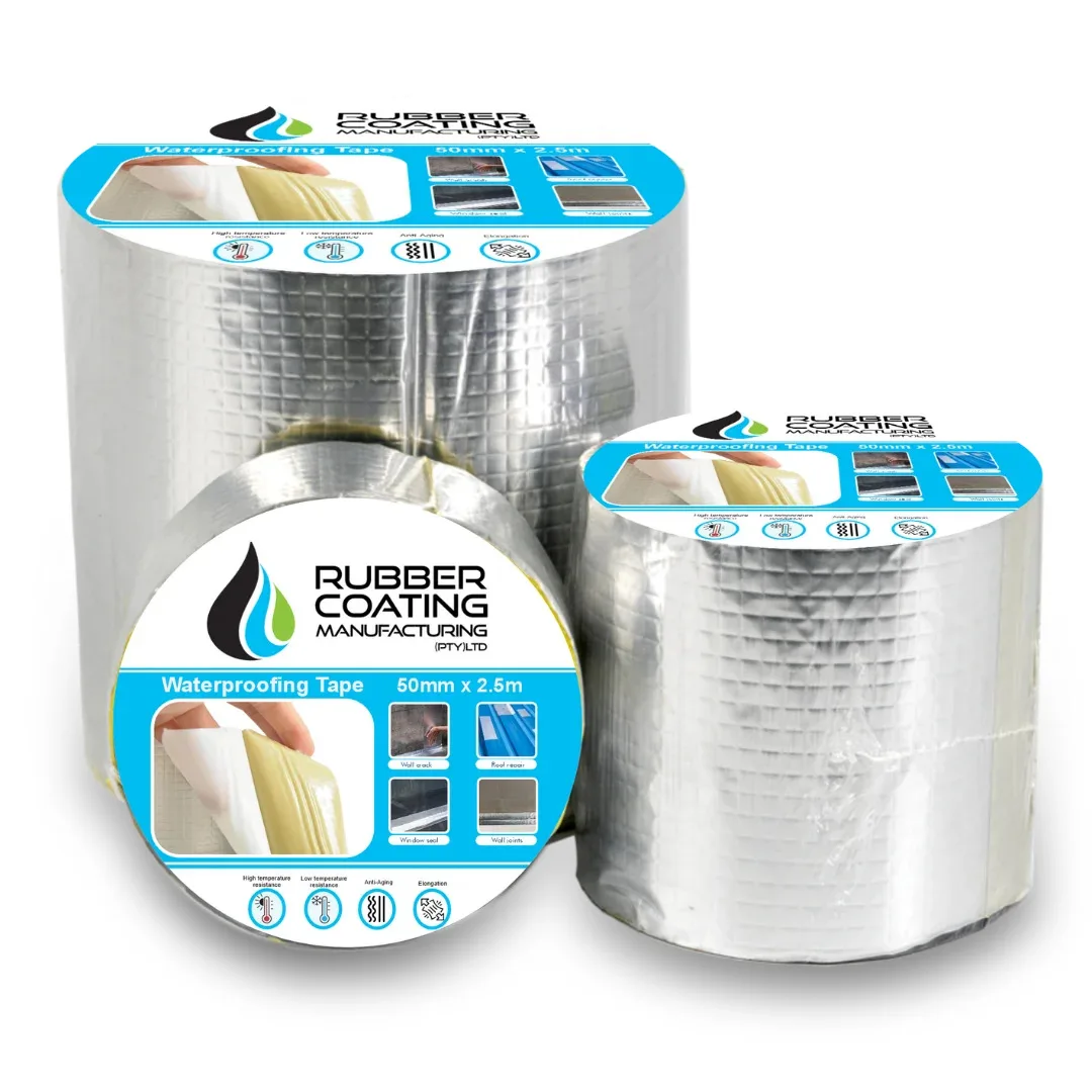 Two Rolls of Silver Waterproofing Tape with Blue Product Labels Sized 50mm X 25m Each for Sealing and Insulation