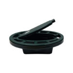 Green Circular Manholeaccess Cover with a Rectangular Lifting Tool Resting on Its Edge