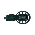 Circular Black Plastic Cap with a Hinged Lid Opened to Reveal an Interior Mounting Slot and Central Hole