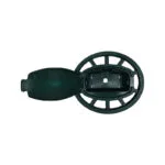 T60500 - 2 | Securadeal Circular Black Plastic Cap with a Hinged Lid Opened to Reveal an Interior Mounting Slot and Central Hole