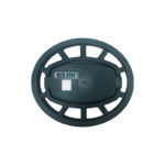 Circular Dark Green Plastic Lid with an Inner Oval Cap That Reads big Jim and Radial Open spoke Edging Around the Circumference