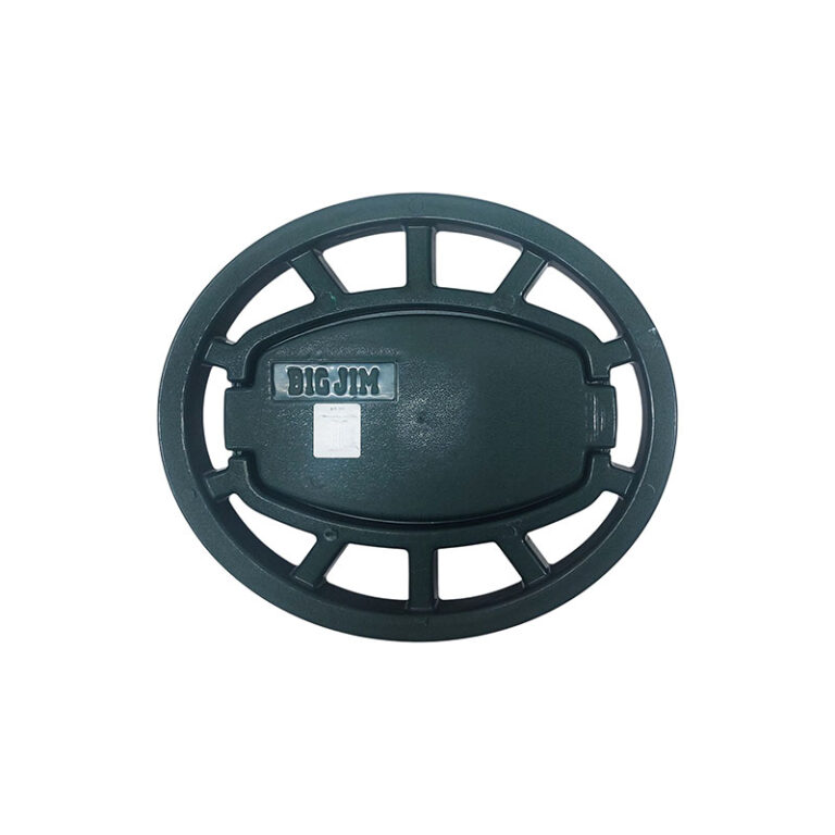 Circular dark green plastic lid with an inner oval cap that reads 'BIG JIM' and radial open-spoke edging around the circumference.