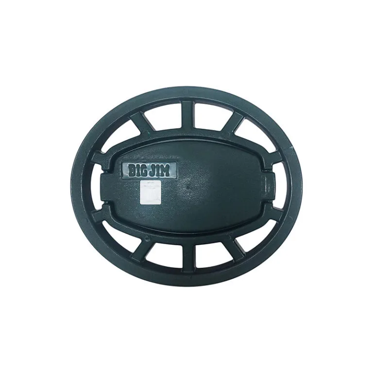Circular dark green plastic lid with an inner oval cap that reads 'BIG JIM' and radial open-spoke edging around the circumference.