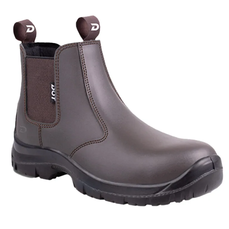 Brown leather ankle boot with elastic side panels and rugged sole, designed for durability (safety/work boot).