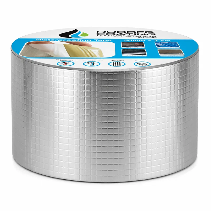 Silver Grid patterned Roll of Waterproofing Tape with a Blue Label on Top Used for Sealing Surfaces to Prevent Leaks from Moisture
