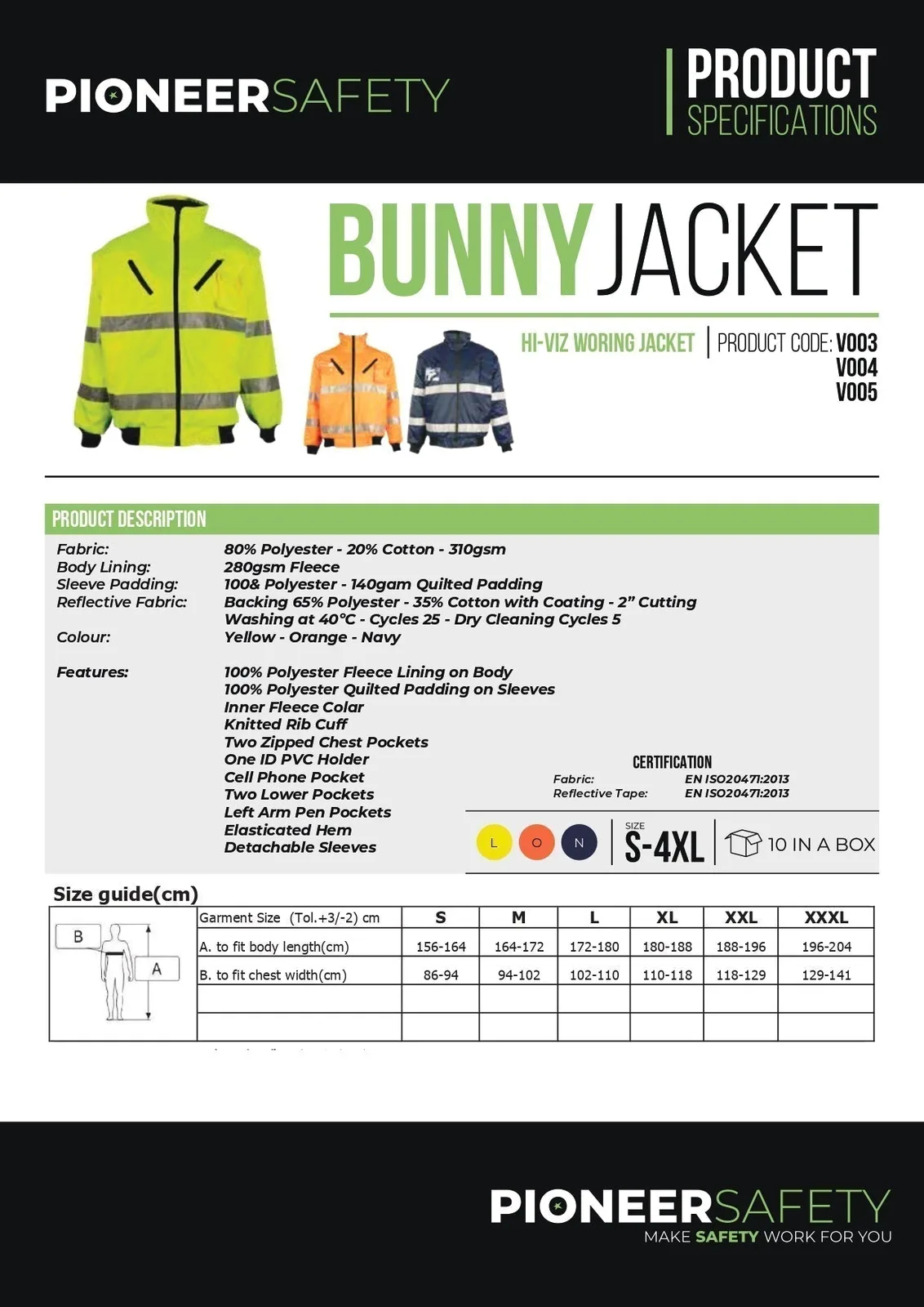 Pioneer Safety Bunny Jacket Detachable Sleeves Lime   Premium Safety Ppe from Pioneer Safety