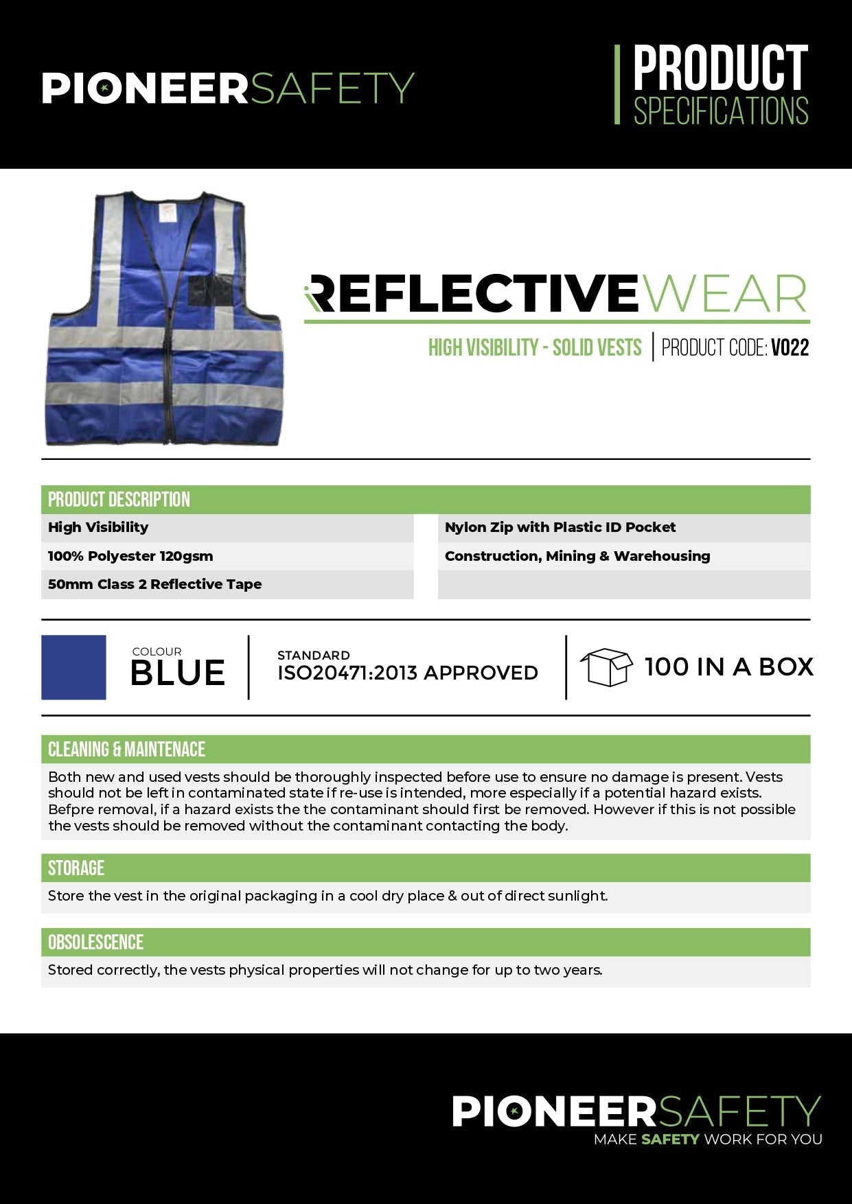 V022ReflectiveSolidVestBlue_page-0001 | Securadeal PIONEER SAFETY Vests Reflective Zip Id Pocket R/Blue - Premium clothing from Pioneer Safety - Just R 81! Shop now at Securadeal
