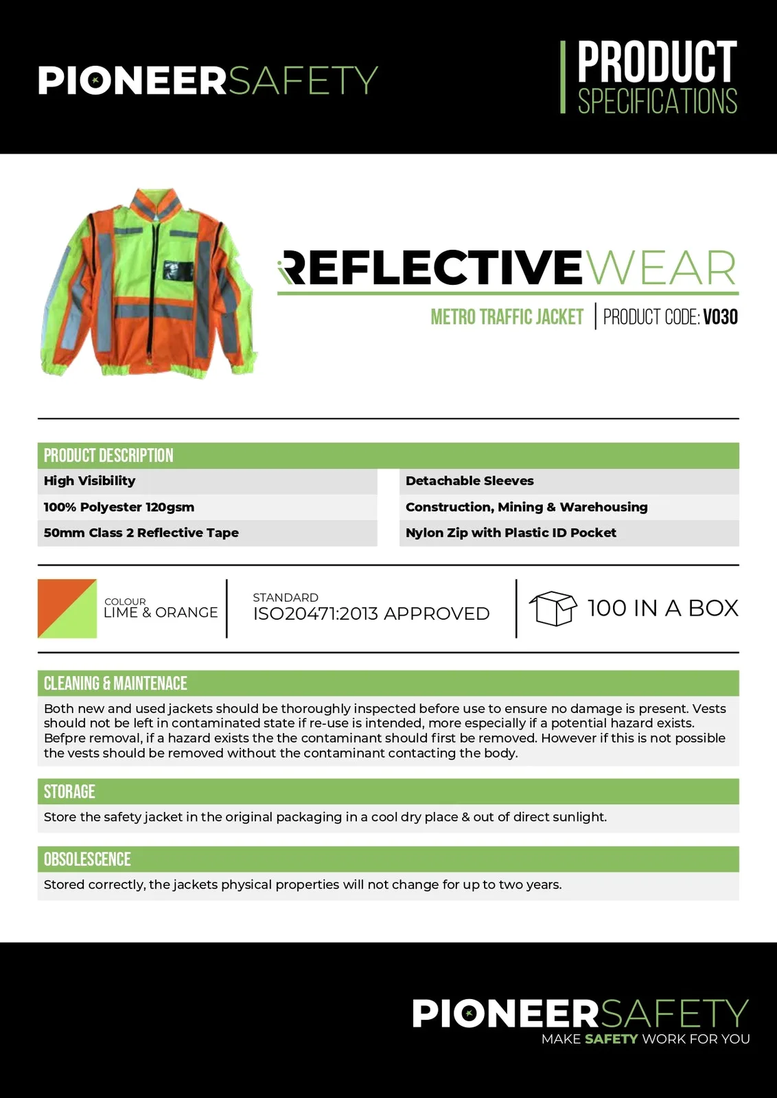 Pioneer Safety Jacket Metro Reflective Detachable Sleeve Orangelime   Premium Safety Ppe from Pioneer Safety