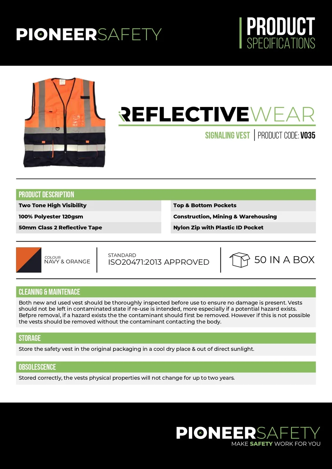 Pioneer Safety Vests Signaling with Zip Id Pocket Orangenavy   Premium Safety Ppe from Pioneer Safety