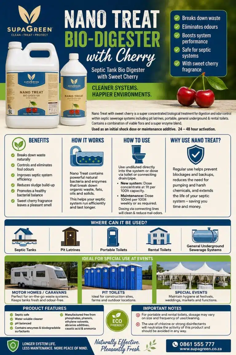 Infographic ad for SupaGreen Nano Treat Bio-Digest er with Cherry, septic tank additive bottles pictured with cherries on the right side.