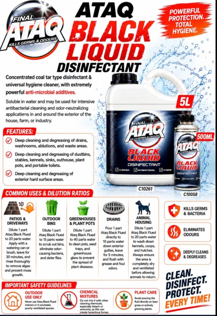 WhatsApp Image 2026-07-14 at 135257 1 | Securadeal Ataq Black Liquid Disinfectant Advertisement Showing a 5l Jug and a Smaller Bottle with Splash Graphics and Bold Red Text
