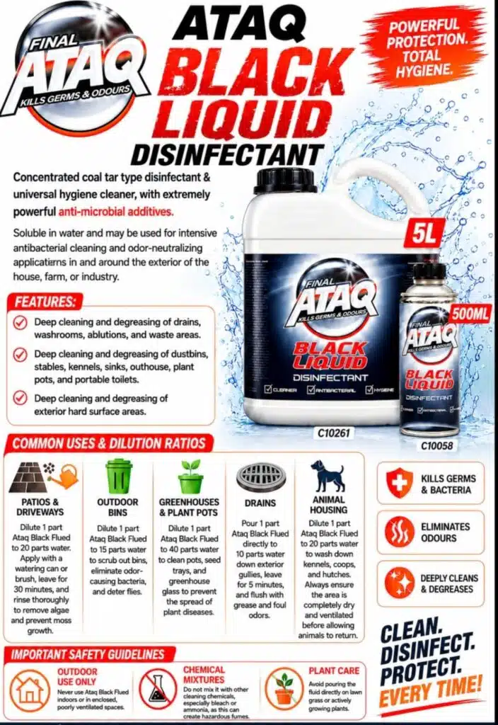 WhatsApp Image 2026-07-14 at 135257 1 | Securadeal Ataq Black Liquid Disinfectant Advertisement Showing a 5l Jug and a Smaller Bottle with Splash Graphics and Bold Red Text