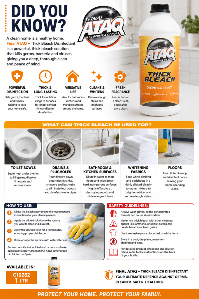 ac421757-14b6-45b6-a232-30e938c81652 | Securadeal Infographic Advertising Final Ataq Thick Bleach Disinfectant Showing Bottle Logo and Key Benefits Like Disinfection and Fresh Fragrance