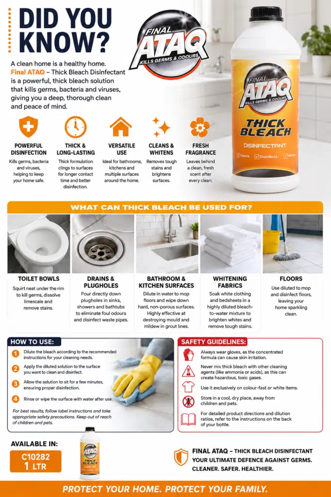 Infographic Advertising Final Ataq Thick Bleach Disinfectant Showing Bottle Logo and Key Benefits Like Disinfection and Fresh Fragrance
