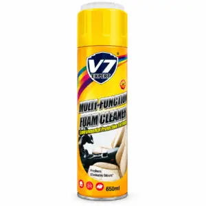 Can of V7 Multi-Function Foam Cleaner for car interiors with yellow cap and bright label showing 'Environmental Protection Formula' and 650ml
