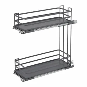 Two-tier metal pull-out pantry shelf with sliding tracks for cabinet storage? (store in kitchen)