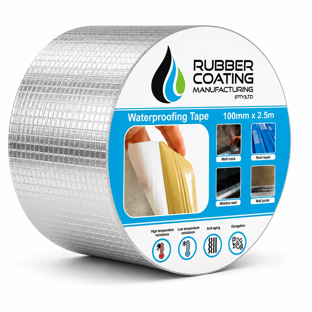 Roll of Waterproofing Tape with a Blue Label Reading Waterproofing Tape 100mm X 25m for Cracks and Roof Repairs