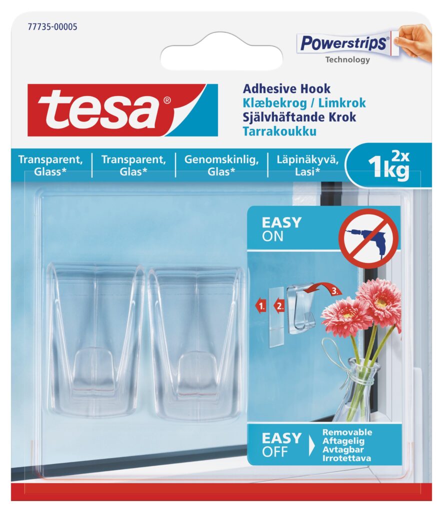 tesa-adhesive-hooks-transparent-surface-large-2-hooks-3-strips-1kg-securadeal-1 | Securadeal Tesa Adhesive Hooks Transparent Surface Large 2 Hooks 3 Strips 1kg Premium Fasteners from Tesa