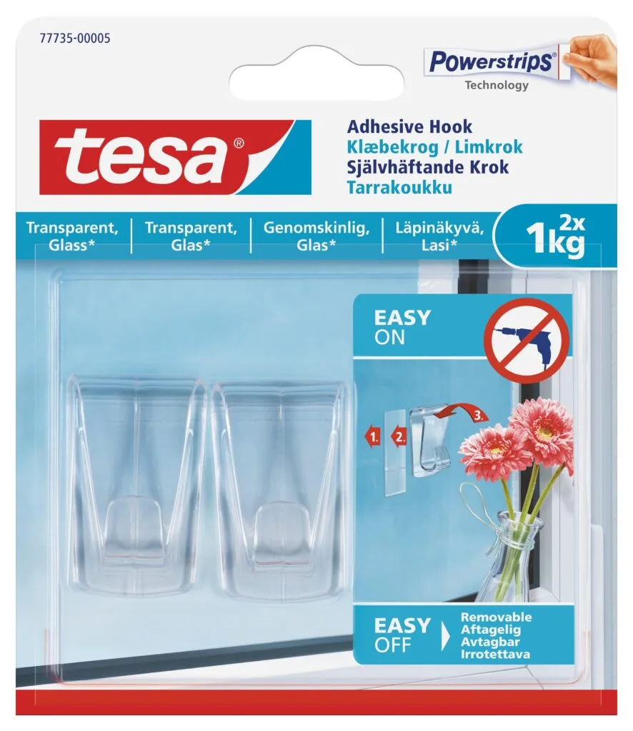 tesa-adhesive-hooks-transparent-surface-large-2-hooks-3-strips-1kg-securadeal-1 | Securadeal