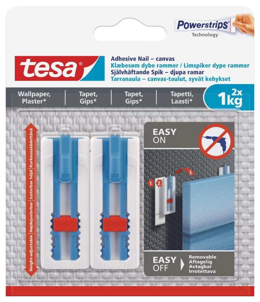 tesa-adjustable-adhesive-nail-set-for-canvas-and-sensitive-surfaces-2x1kg-per-nail-securadeal-1 | Securadeal Tesa Adjustable Adhesive Nail Set for Canvas and Sensitive Surfaces 2x1kgper Nail Premium Fasteners from Tesa